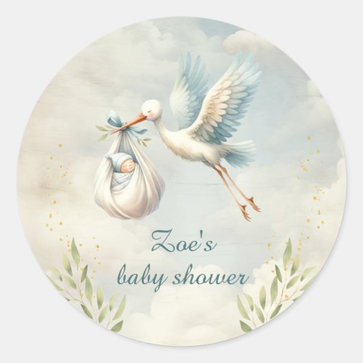 Speciale levering  Stork Boy Baby shower Ronde Sticker (Voorkant)