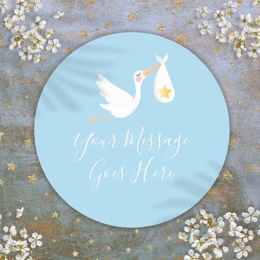 Speciale levering Stork Gold Star Baby Blue Ronde Sticker