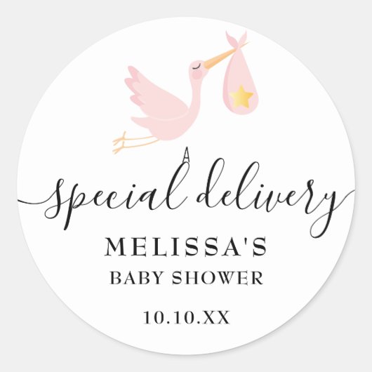 Speciale Levering Stork Pink Baby Meisje Douche Ronde Sticker (Voorkant)