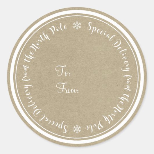 Speciale levering van Noordpool Rustic Kerstmis Ronde Sticker (Voorkant)