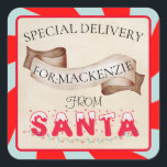 Speciale levering van Santa Vintage Christmas Vierkante Sticker<br><div class="desc">Dit aangepaste vakantie sticker label heeft een feestelijk kerstthema op een perkament papier stijl achtergrond met een blauwgroen en pepermunt snoep swirl lijst. De zinsnede "Special Delivery" is gedrukt boven een lint met een voorbeeldnaam. U kunt de sticker aanpassen zodat deze uw eigen aangepaste naam of andere tekst bevat. Onder...</div>