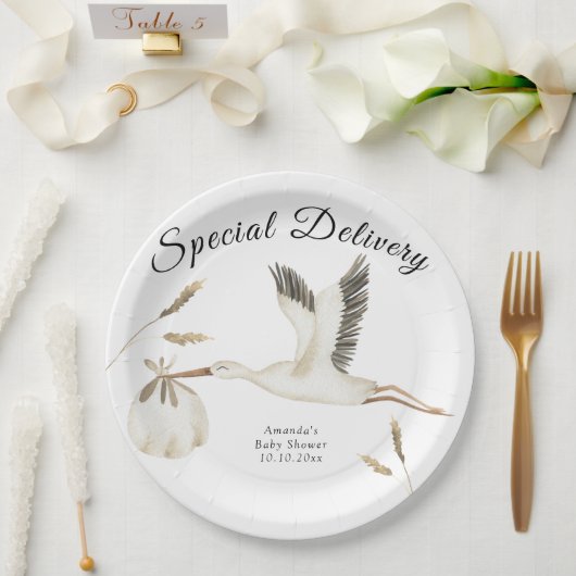 Speciale Levering Waterverf Stork Baby shower Papieren Bordje (Huwelijk)
