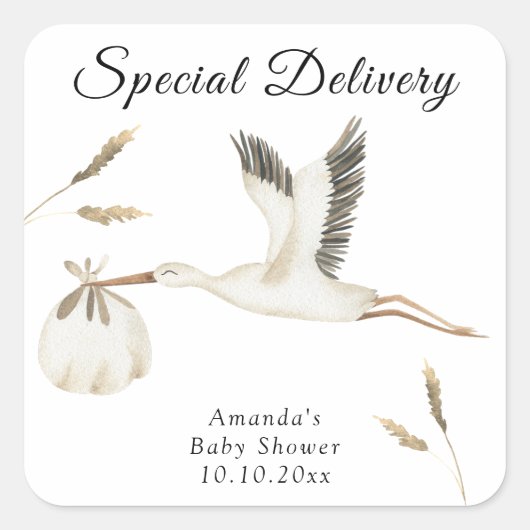 Speciale Levering Waterverf Stork Baby shower Vierkante Sticker (Voorkant)