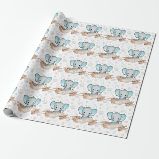Speciale naam Blauw lephant Baby Boy Pattern Cadeaupapier (Uitgerold)