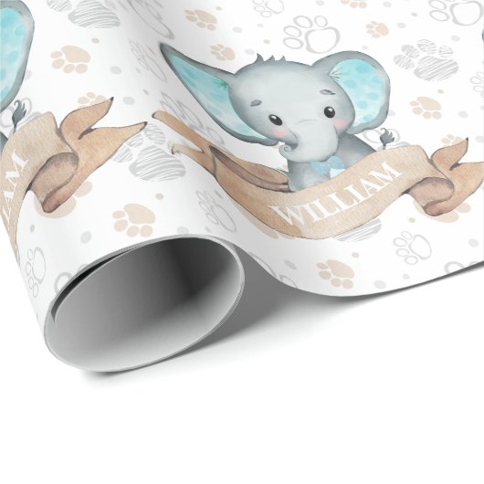 Speciale naam Blauw lephant Baby Boy Pattern Cadeaupapier (Rol Hoek)