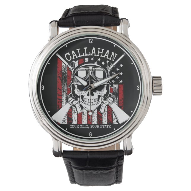 Speciale naam Soldaat Skull Dual Pistolen USA Vlag Horloge (Voorkant)