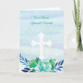 Speciale Vriend Blauwgroen Blauw Bloemen met Kruis Feestdagen Kaart (Voorkant)
