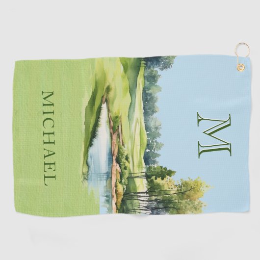 Speciale Waterverf Golfbaan Monogram Naam Golfhanddoek (Horizontaal)