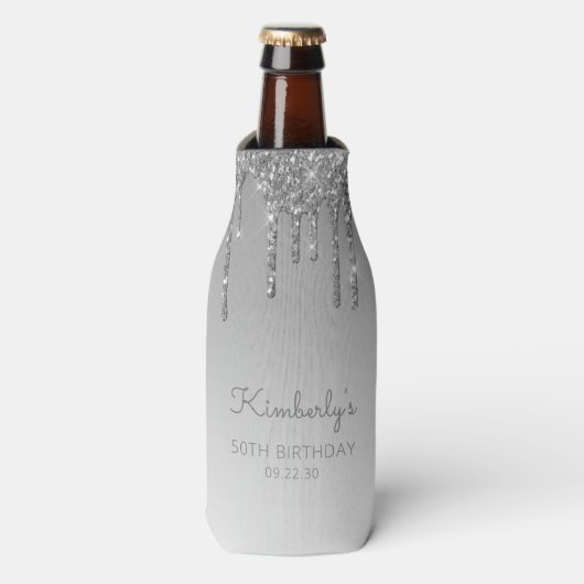 Speciale zilveren glitter Drip 50th Birthday Flesjeskoeler (Fles Voorkant)