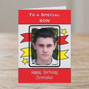 Speciale zoon rood geel foto verjaardag kaart