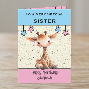 Speciale zus giraffe kinderen blauwe verjaardag kaart
