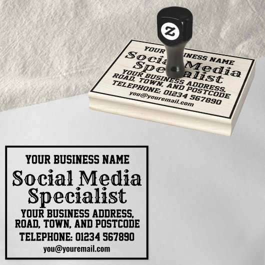 Specialist voor sociale media met naam, adres, enz rubberstempel