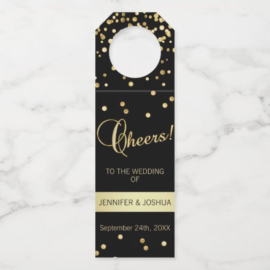 Specialized Wedding CHEERS Black Gold Confetti Flessenhanger (Voorkant)