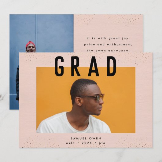 Speckle Border Black Text Modern Two Photo Afstude Aankondiging (Voorkant / Achterkant)