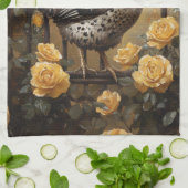 Speckled Hen with Yellow Roses Oil Painting Theedoek (Gevouwen)
