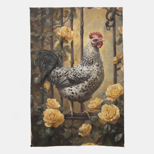 Speckled Hen with Yellow Roses Oil Painting Theedoek (Verticaal)