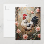 Speckled Rooster Among Pink Roses Briefkaart (Voorkant / Achterkant)