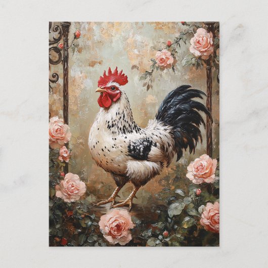 Speckled Rooster Among Pink Roses Briefkaart (Voorkant)