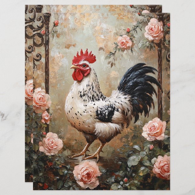 Speckled Rooster Among Pink Roses Scrapbook Paper (Voorkant / Achterkant)