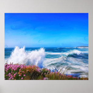 Spectaculaire indrukwekkende golf met roze bloemen poster