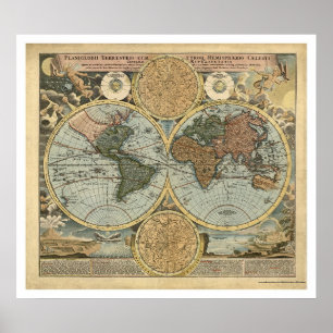 Spectaculaire kaart van de wereld door Homann 1716 Poster