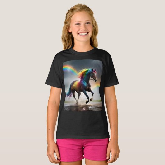 Spectrum of Grace: Regenboogpaard onder regenbogen T-shirt (Voorkant volledig)