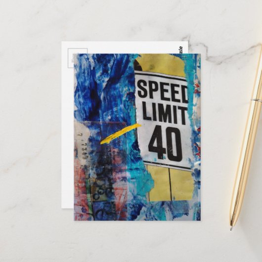 Speed Limit 40 mixed media collage Briefkaart (Voorkant / Achterkant in situ)