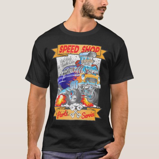 Speed Shop Hotrod Muscle Car Cartoon T-shirt (Voorkant)