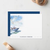 Speedboat Seagulls Waterverf Briefpapier Note Kaar Notitiekaartje (Voorkant / Achterkant in situ)