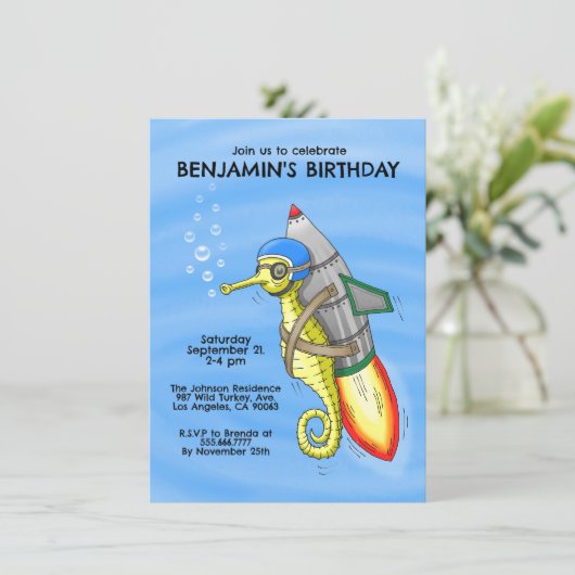 Speedy Rocket Seahorse Verjaardagsuitnodiging Kaart (Staand voorkant)