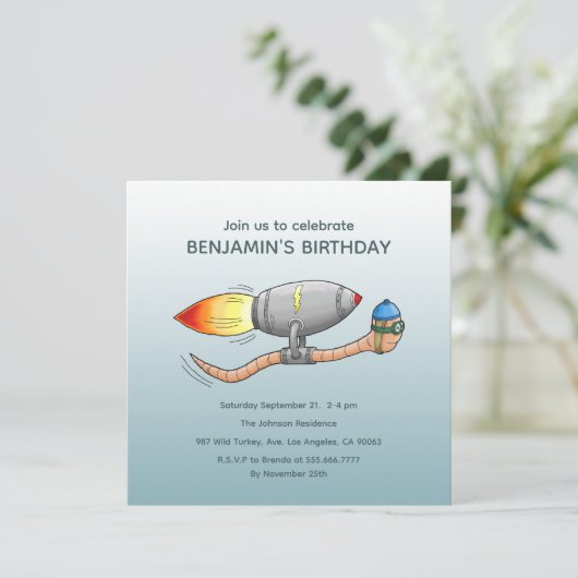 Speedy Rocket Worm Uitnodiging voor verjaardag (Staand voorkant)