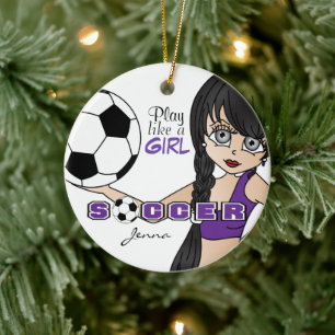 Speel als een meisje   Voetbal   Paars Keramisch Ornament