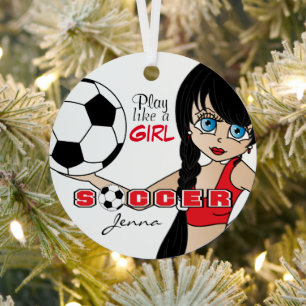 Speel als een meisje   Voetbal   Rood  Metalen Ornament