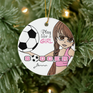Speel als een meisje   Voetbal   Roze Keramisch Ornament