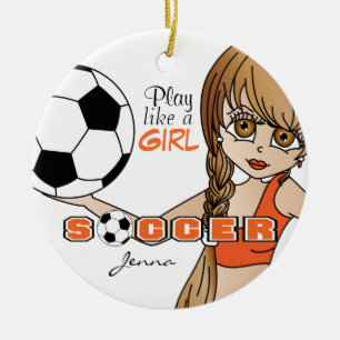 Speel als een meisje Voetbal Sinaasappel Keramisch Ornament