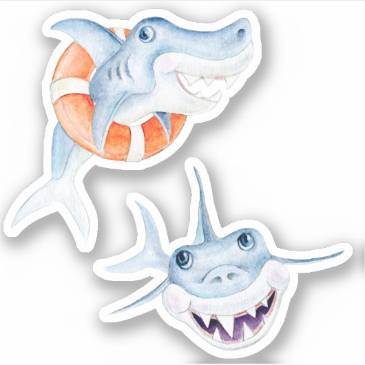 Speel leuke baby haaien waterverf kunst sticker (Voorkant)