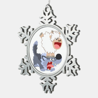Speelbare Cartoon Sheep en Wolf Pewter Ornament