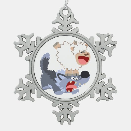 Speelbare Cartoon Sheep en Wolf Pewter Ornament (Voorkant)
