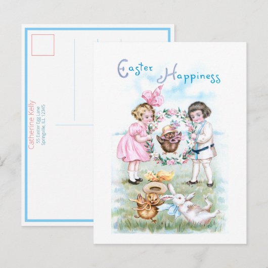 Speelbare  kinderen, paashaas, kippen briefkaart (Voorkant / Achterkant)