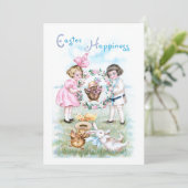 Speelbare  kinderen, paashaas, kippen feestdagenkaart (Staand voorkant)