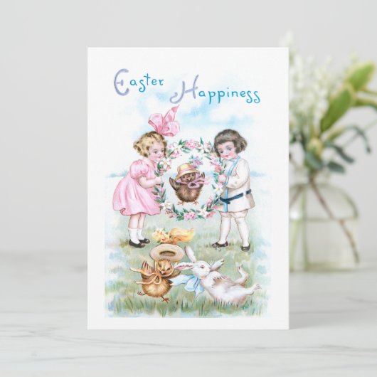 Speelbare  kinderen, paashaas, kippen feestdagenkaart (Staand voorkant)
