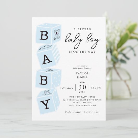 Speelgoed-blokken | Boy Baby shower Invitation Blu Kaart (Staand voorkant)