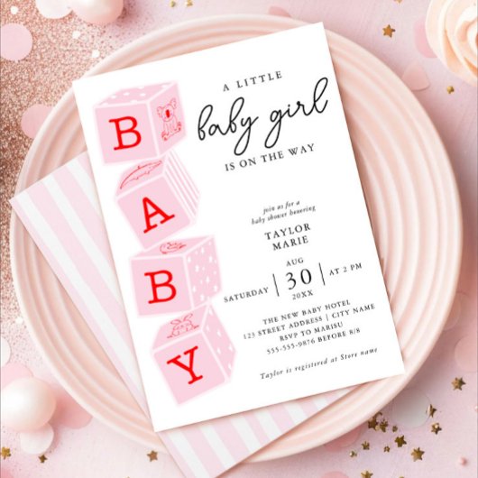 Speelgoed-blokken | Meisje Baby shower Uitnodiging