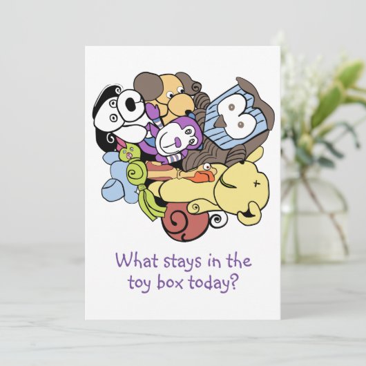 Speelgoed box of goodies uitnodiging (Staand voorkant)