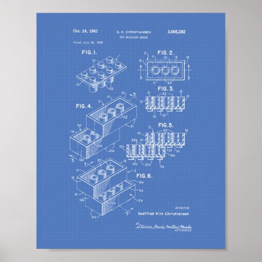 Speelgoed Building Brick 1961 Patent Art - Blauwdr Poster (Voorkant)