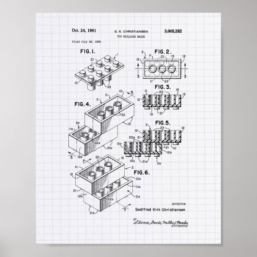 Speelgoed Building Brick 1961 Patent Art - Lined P Poster (Voorkant)