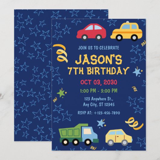 Speelgoed Cars Blue verjaardagsfeest uitnodiging (Voorkant / Achterkant)