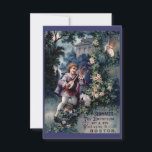 Speelgoed emporiumzuur Kaart<br><div class="desc">Een  advertentie voor het Schwartz Speelgoed Emporium in Boston. Afbeelding bevat een mooi kunstwerk van een zoete jongen die een mandoline-instrument speelt terwijl een verlegen maar bewonderend jong meisje van achter de gordijnen luistert. Mooie bomen en loof met een charmante grond op de achtergrond. klassiek thema zonder tijdsaanduiding.</div>