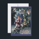 Speelgoed emporiumzuur Kaart<br><div class="desc">Een  advertentie voor het Schwartz Speelgoed Emporium in Boston. Afbeelding bevat een mooi kunstwerk van een zoete jongen die een mandoline-instrument speelt terwijl een verlegen maar bewonderend jong meisje van achter de gordijnen luistert. Mooie bomen en loof met een charmante grond op de achtergrond. klassiek thema zonder tijdsaanduiding.</div>