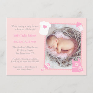 Speelgoed en Fles Foto Baby Meisje Shower Uitnodig Kaart